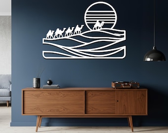 Arte mural de caravana de camellos de hierro: decoración bohemia con siluetas del desierto