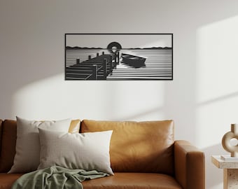 Lake Sunset Metal Wall Art, Boat Pier Silhouette, Cabin Decor