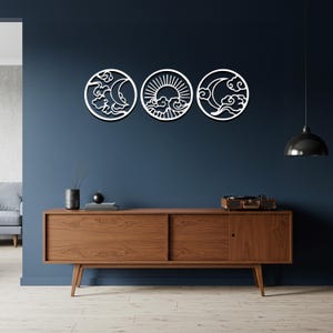 Celestial Metal Wall Art Set, Moon Sun Cloud Decor, Boho Outdoor Wall Hanging, Round Iron Patio Sign, Gift for Astrology or Nature Lover