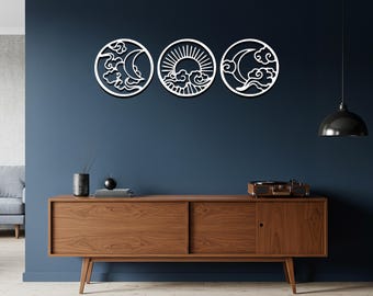 Conjunto de arte de pared de metal celestial: decoración bohemia de luna, sol y nubes