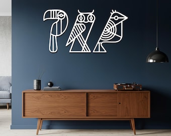Arte mural moderno de tres pájaros de metal: escultura geométrica abstracta de hierro