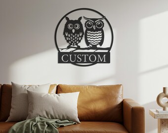 Custom Owl Couple Metal Wall Art: Personalized Garden Decor