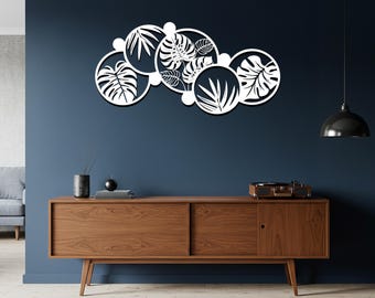 Arte mural metálico con hojas tropicales, decoración circular botánica de la jungla