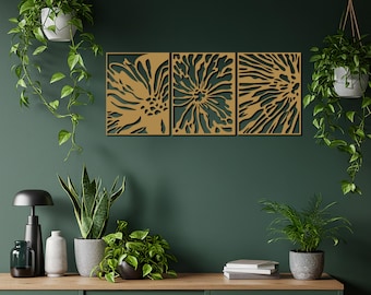 Floral Triptych Metal Wall Art, Modern Botanical Decor