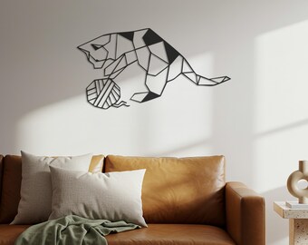 Geometric Cat Wall Art, Metal Silhouette Sculpture