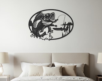 Metal Wall Art Jumping Bass Fish – Cabinedecoratie Visserijscène