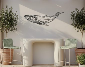 Arte mural metálico de ballena: silueta minimalista del océano, decoración costera