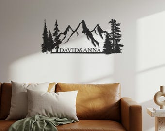 Personalized Mountain Metal Wall Art, Custom Name Decor, Nature Inspired Sculpture, Rustic Cabin Wall Design for Home or Patio