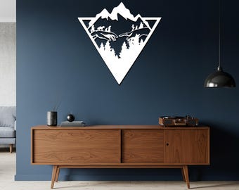 Arte de pared de metal con forma de triángulo de montaña: decoración rústica de cabaña, regalo de aventura