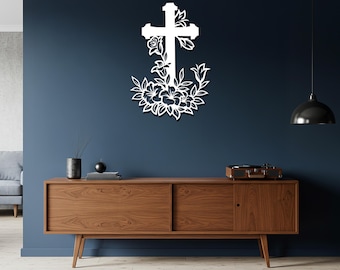 Floral Cross Metal Wall Art, Christian Iron Sculpture