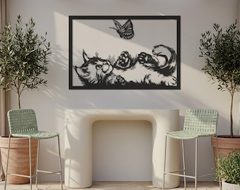 Arte mural metálico de gato y mariposa, silueta de gatito juguetón