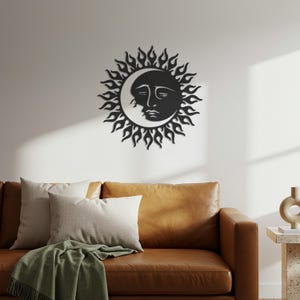 Sun and Moon Face Metal Wall Art, Celestial Outdoor Garden Decor, Black Boho Patio Decoration, Unique Sun Moon Hanging, Gift for Stargazer
