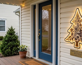 Illuminated Metal Christmas Tree Wall Decor, Neon Lighted Outdoor Pine Tree Sign, Holiday Garden & Porch Wall Hanging, Festive Patio Decor