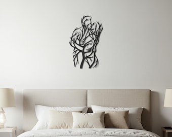Arte mural de metal para pareja romántica, silueta de árbol abrazado, decoración moderna de hierro