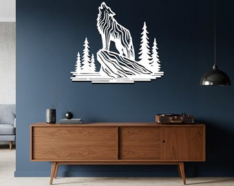 Arte de pared de metal con lobo aullando: decoración rústica de cabaña, silueta de vida silvestre