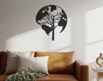 World Tree Metal Wall Art – Earth Map Silhouette Decor