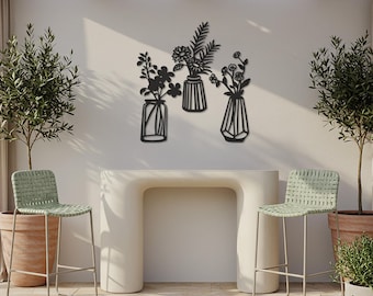 Minimalist Floral Vase Metal Wall Art – 3-Piece Botanical Silhouette
