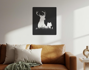Deer and Cat Metal Wall Art, Forest Silhouette, Modern Animal Decor