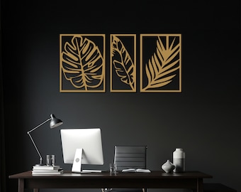 Juego de arte de pared de 3 piezas con hojas de metal: silueta botánica tropical