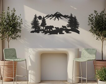 Cuadro de metal con forma de familia de osos, escena de montaña, decoración para cabaña