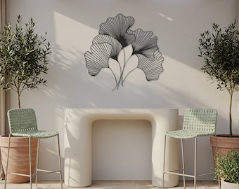 Arte mural moderno de hojas de ginkgo en metal, escultura de jardín