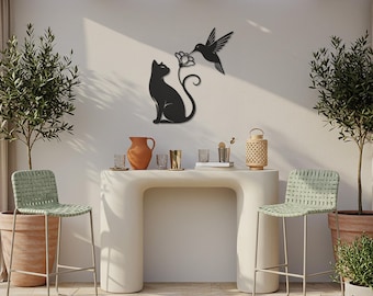 Metal Cat and Hummingbird Wall Art, Modern Floral Silhouette