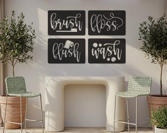 Metalen woordkunst badkamer – borstel, flosdraad, spoeling, wassen – 4-delige silhouettenset