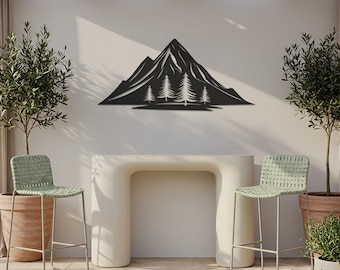Arte de pared de metal con diseño de pino de montaña: decoración rústica de cabaña