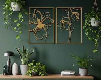 Abstract Floral Metal Wall Art, Modern Line Art, Two Panel Set