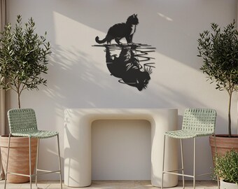 Metal Cat Wall Art with Reflection, Garden Decor