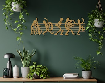 Arte mural de banda de jazz metal: decoración de sala musical, silueta de músico