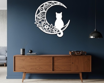 Metal Cat Moon Floral Wall Art, Boho Home Decor