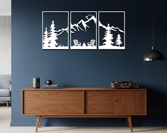 Tríptico de arte mural metálico de cabaña de montaña, silueta rústica de bosque