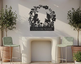 Aangepaste naam fee metalen muurkunst, bloemen kinderkamerdecoratie