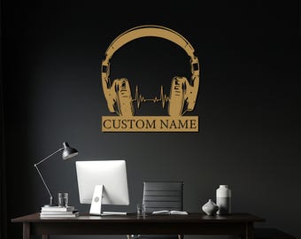 Arte mural metálico con auriculares personalizados, decoración personalizada para estudio de DJ