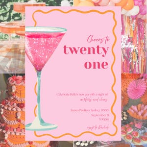 Prost auf die 21. Geburtstagseinladung: Pink Martini Party, bearbeitbare Canva Vorlage Digitaler Download