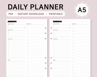 May include: A5 daily planner printable with a light pink background. The planner includes sections for today's goals, priorities, checklist, schedule, and memos. The text "DAILY PLANNER" and "PDF | INSTANT DOWNLOAD | PRINTABLE" are displayed.