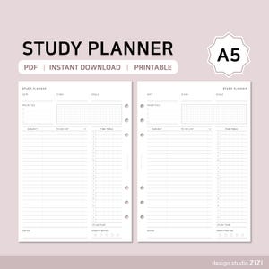 Może przedstawiać: Drukowany planer nauki z napisem "STUDY PLANNER" na górze. Planer zawiera sekcje na priorytety, listy zadań i harmonogram. Projekt jest minimalistyczny z jasnoróżowym tłem i tekstem "PDF | INSTANT DOWNLOAD | PRINTABLE".