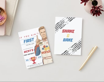 May include: Two white cards with text and graphics. One card says "IF YOU AIN'T FIRST YOU'RE LAST" with a cartoon image of a man. The other card says "SHAKE & BAKE" with tire track graphics. A gold pen is on the table.