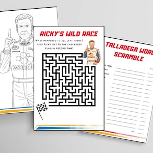 May include: Three activity sheets featuring a race car driver theme. One sheet is a colouring page of a driver, one is a maze titled RICKY'S WILD RACE with a chequered flag, and one is a TALLADEGA WORD SCRAMBLE with blank lines for answers.