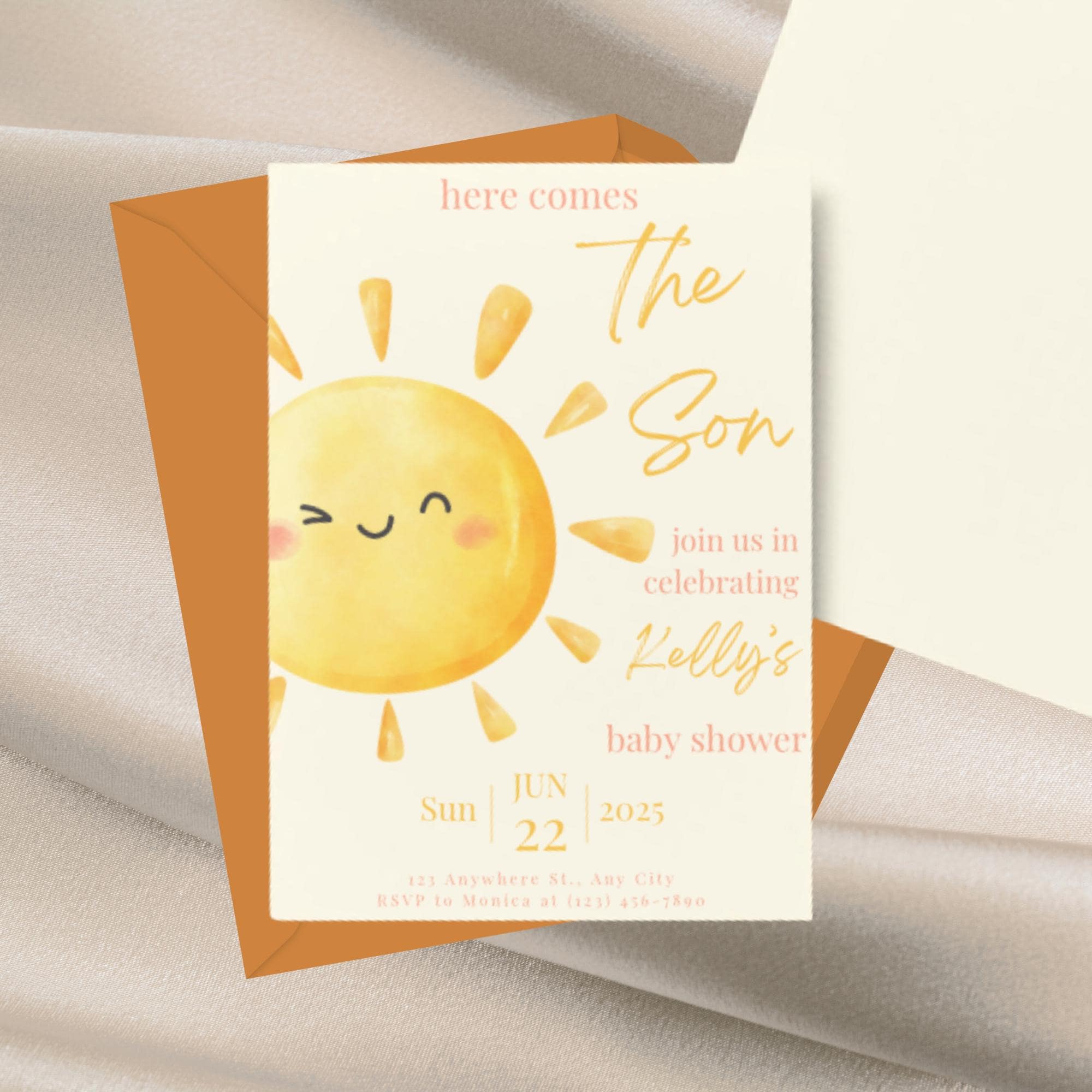 Here Comes the Son Baby Shower Invitation Editable Canva Template