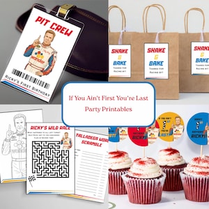 May include: Party printables with a racing theme, including a Pit Crew ID badge, colouring page, maze, activity sheet, cupcake toppers, and gift bag tags. The theme is "If You Ain't First You're Last" and "Ricky's First Birthday".