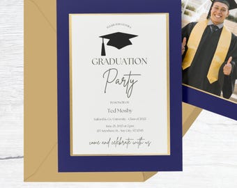 Invitación de graduación azul marino y dorado: plantilla editable de Canva de 5×7 con foto (descarga digital instantánea)