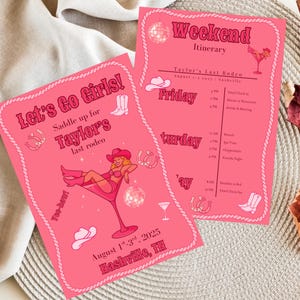 Disco Cowgirl Bachelorette Einladung Vorlage | Let's Go Girls Wochenend-Reiseplan | Bearbeitbares Canva Invite Nashville Theme