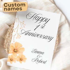 Tarjeta de felicitación floral personalizada para el primer aniversario, recuerdo de flor de nacimiento personalizado, regalo de celebración de boda, flor bohemia personalizable