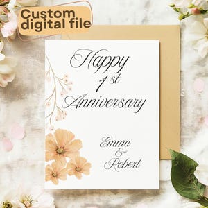 Tarjeta de regalo digital para el primer aniversario, regalo de recuerdo personalizado, tarjeta de felicitación floral para recién casados, aniversario de pareja, personalizable