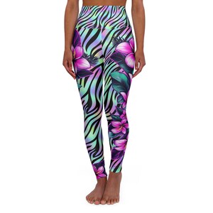 Tropical Floral Yoga Leggings, Zebra Print High Waisted Leggings, Trendy Fitness Pants, Unique Workout Tights, Bright Athletic Wear