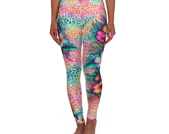 Rainbow Tropical Floral Yoga Leggings, High Waisted Workout Pants, Animal Print Athletic Tights, Colorful Floral Leggings, Trendy Fitness