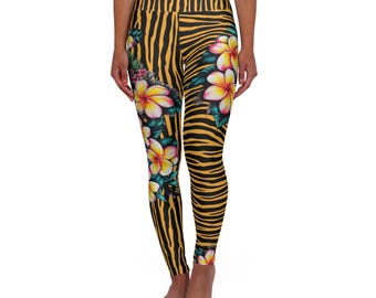 Tiger Print High Waisted Leggings: Tropical Flower Yoga Pants
