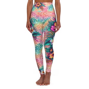 Rainbow Tropical Floral Yoga Leggings, High Waisted Workout Pants, Animal Print Athletic Tights, Colorful Floral Leggings, Trendy Fitness